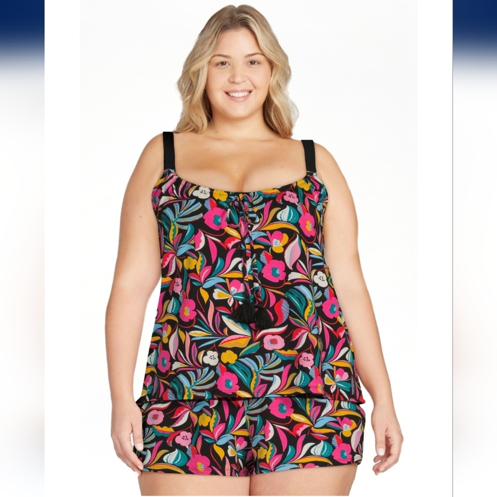 Floral Stamp Black Print Tank & Shorts Knit Cami Set 2x 18W 20W